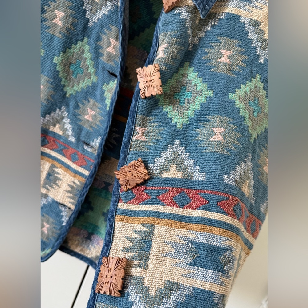 Southwestern Pattern Denim-Trim Kids Vest - Blue/Teal - Picture 2 of 6